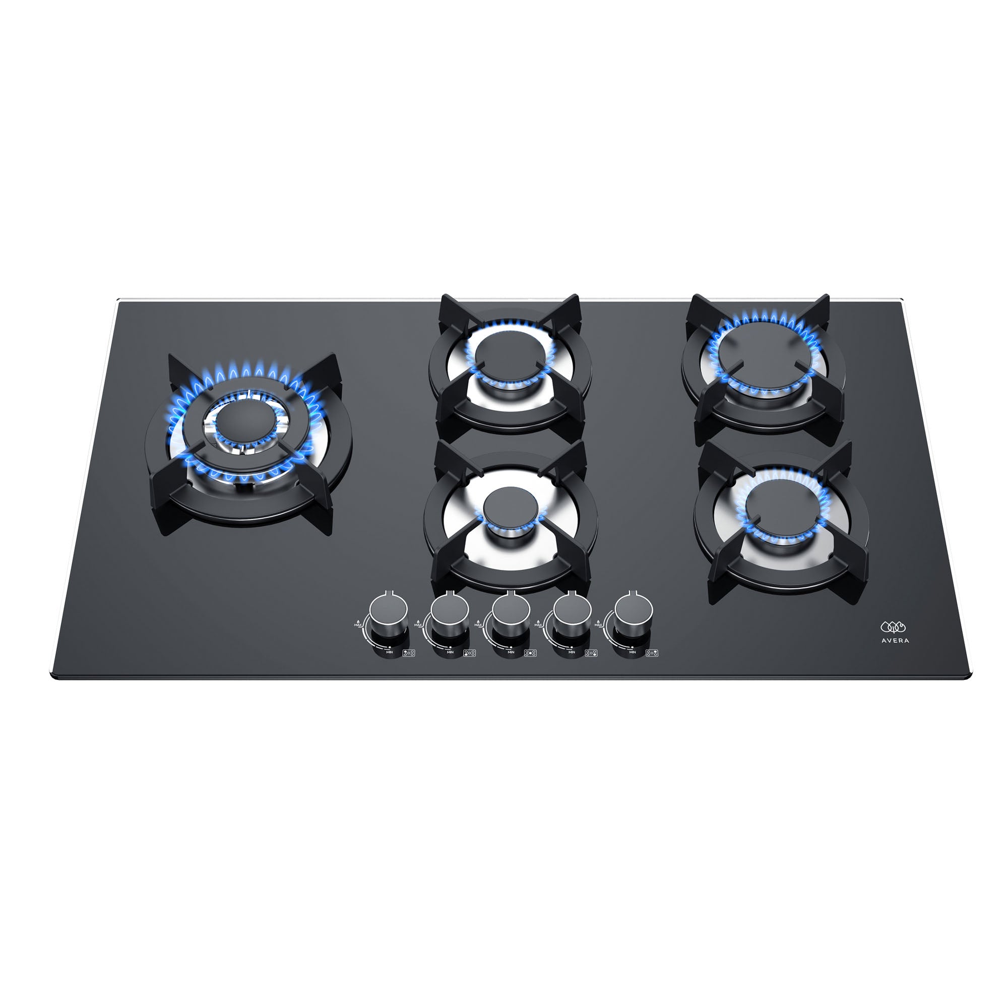 01_e935977d-7fae-4272-aa3d-ceaa2d6eefe5.jpg Parrilla de gas 5 quemadores 90 cm en vidrio templado con soporte circular - negro VT5B Avera - Imagen 1