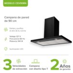 Campana de cocina de pared tipo T 90 cm, 500 m3/h de extracción en acero inoxidable - negro CEV90BN Avera - Imagen 2