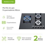 Parrilla de gas 5 quemadores 90 cm en vidrio templado con soporte circular - negro VT5B Avera - Imagen 2