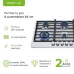 Tricombo Parrilla de gas 6 quemadores acero inoxidable 86 cm + Campana para isla curva 90 cm + Horno gas LP 58 L AI6CEVD90BHE01LP Avera - Imagen 3