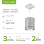 Campana de cocina para isla colgante cilíndrica 38 cm con lámpara decorativa, 850 m3/h de extracción acero inoxidable CIS38C Avera - Imagen 2