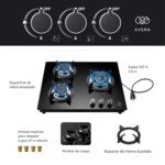 Parrilla de gas 3 quemadores 60 cm en vidrio templado con soporte circular - negro VT3 Avera - Imagen 4