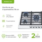 Tricombo Parrilla de gas 5 quemadores acero inoxidable 76 cm + Campana de pared extraible 80 cm + Horno gas LP 58 L AI5CED80HE01LP Avera - Imagen 3