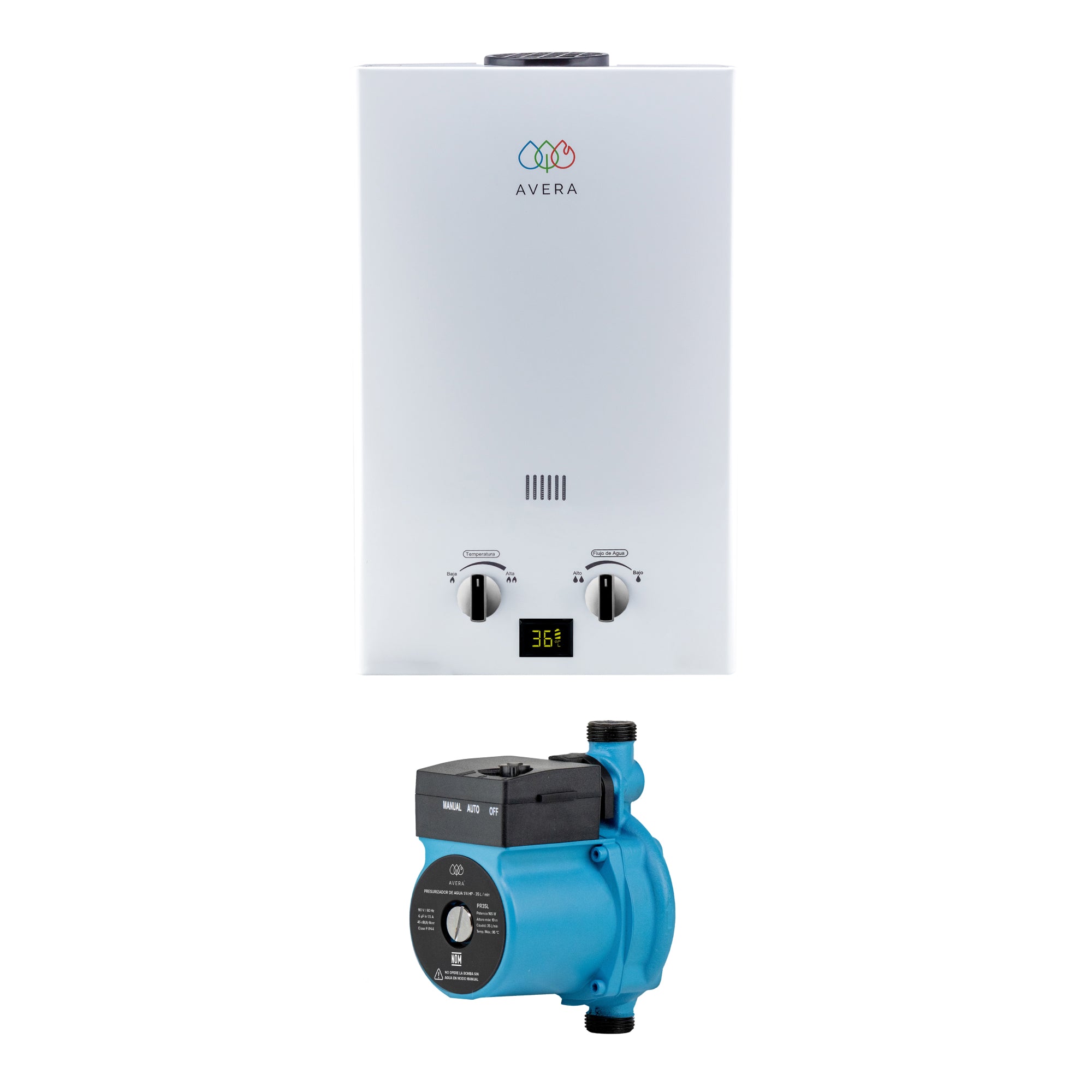 C12LPR35L.jpg Combo Calentador instantáneo gas LP 12 L, 2.5 Servicios + Presurizador 35 L C12LPR35L Avera - Imagen 1
