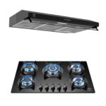 Combo Parrilla de gas 5 quemadores vidrio templado 77 cm + Campana de pared negra 80 cm VT5CEA80N Avera