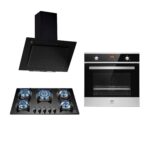 Tricombo Parrilla de gas 5 quemadores vidrio templado 77 cm + Campana de pared inclinada 90 cm + Horno gas LP 58 L VT5CEV90CHE01LP Avera